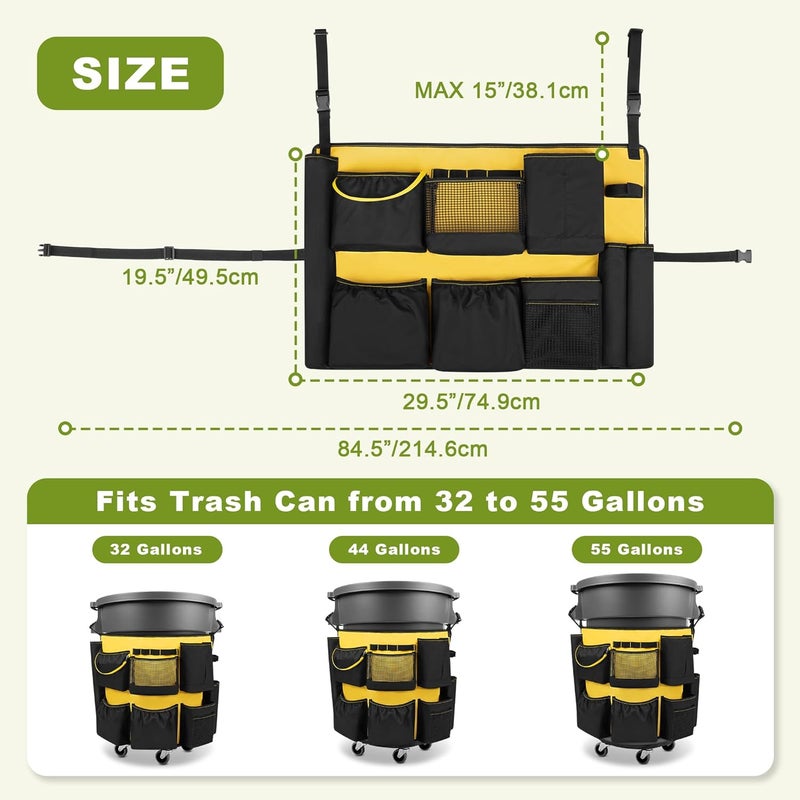 HODRANT 32-55 Gallon Trash Can Caddy Bag, Garbage Bin Apron Caddy with Multiple Pockets for Cleaning Supplies, Cleaning Tool Organizer with Adjustable Buckle for Janitorial Trash Can, Black+Yellow - Image 2